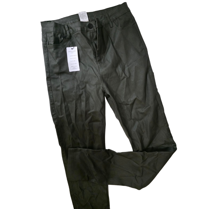 Ženske imitacija kože pantalone maslinaste – L